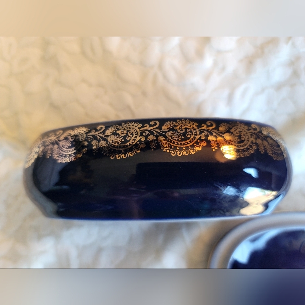 Vintage Limoges France 22-Karat Gold Trinket Box in Cobalt‎ Blue Pre 1930 Signed - Picture 10 of 14